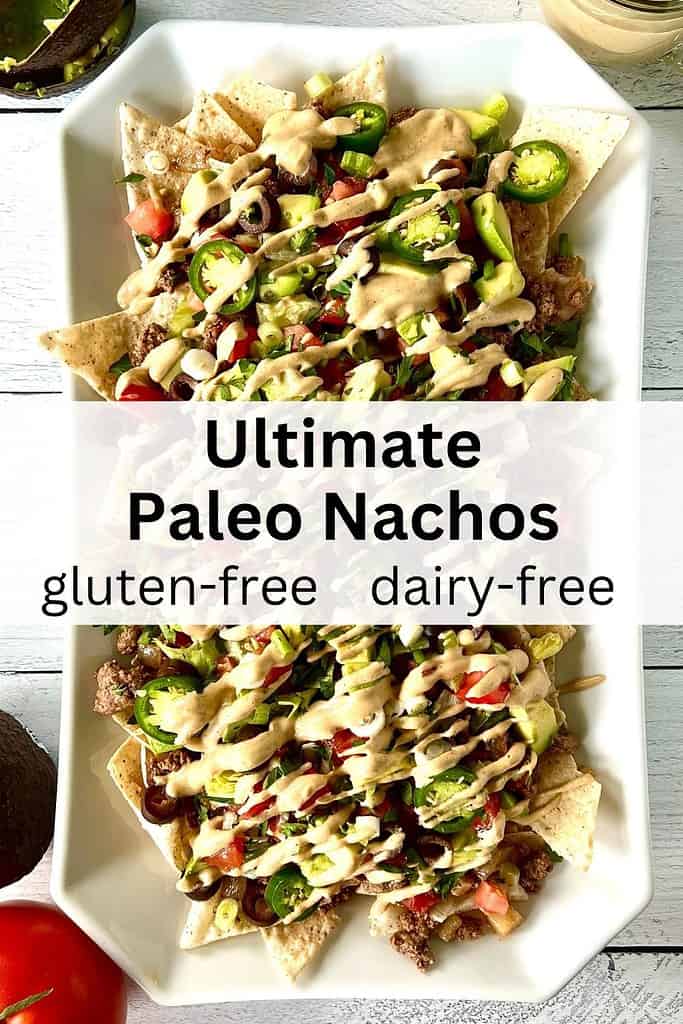 Paleo nachos piled on a long white platter.