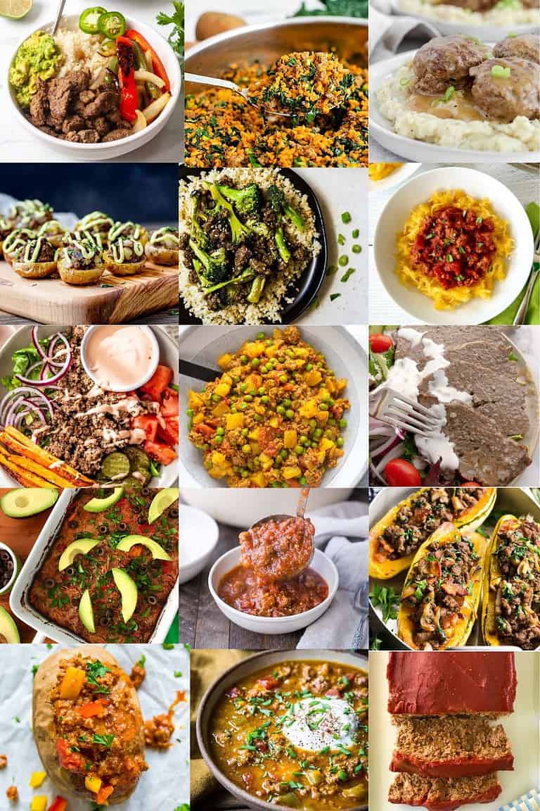 A grid of photos of Whole30 recipes with ground beef.