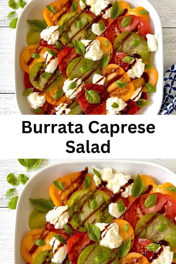 2 images of Burrata Caprese Salad in a white platter.