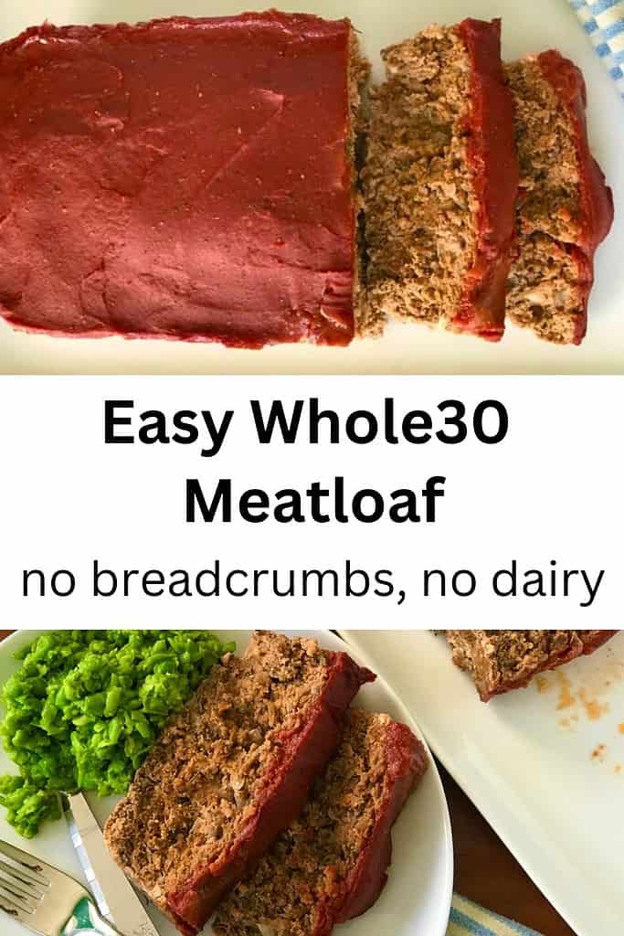 Whole30 meatloaf on a white rectangular platter and slices on a white plate with mashed peas.