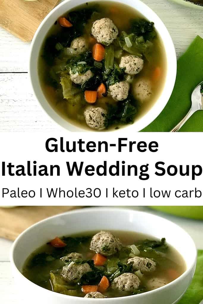 Keto Italian Wedding Soup in a white bowl next to a green napkin.