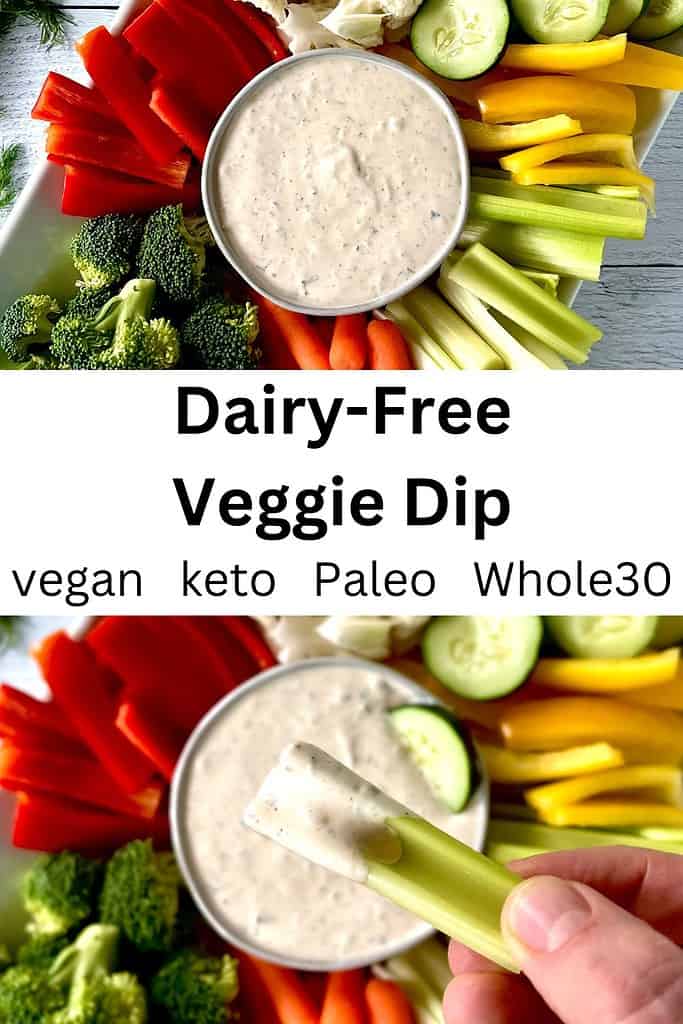 Dairy-Free Veggie Dip in a white bowl surrounded by peppers, carrots, cucumbers, celery and cauliflower.
