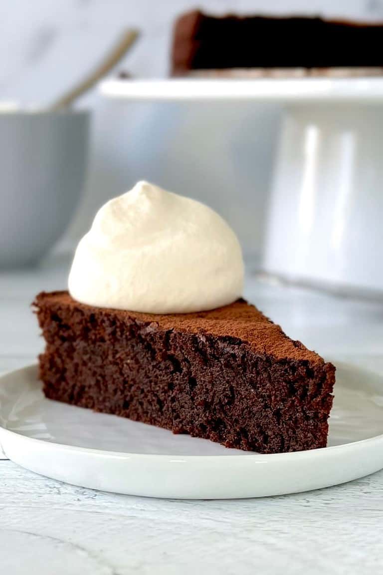 Gluten-free chocolate cake with whipped cream on top, on a white plate.