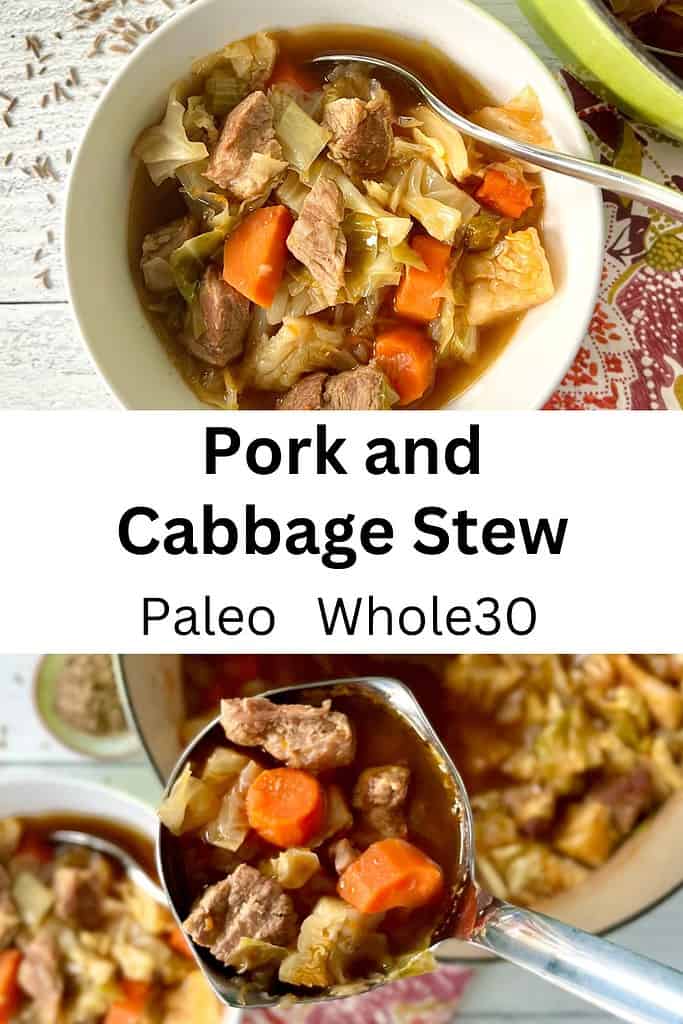 Pork Cabbage Stew in a white bowl and in a ladle.