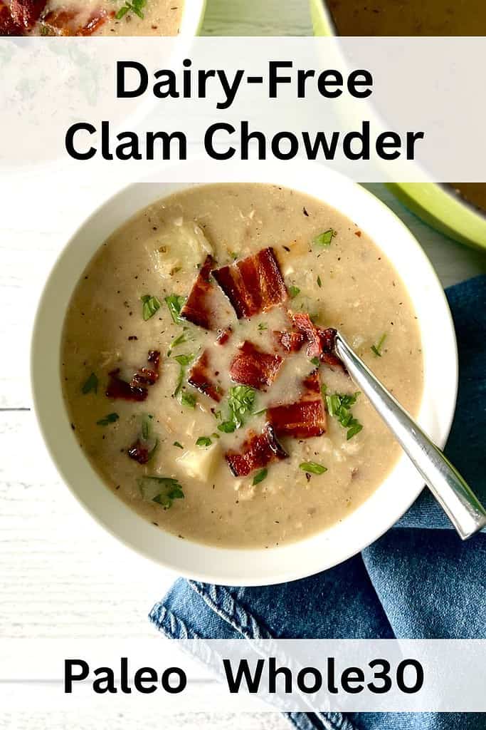 Dairy-free clam chowder in a white bowl.