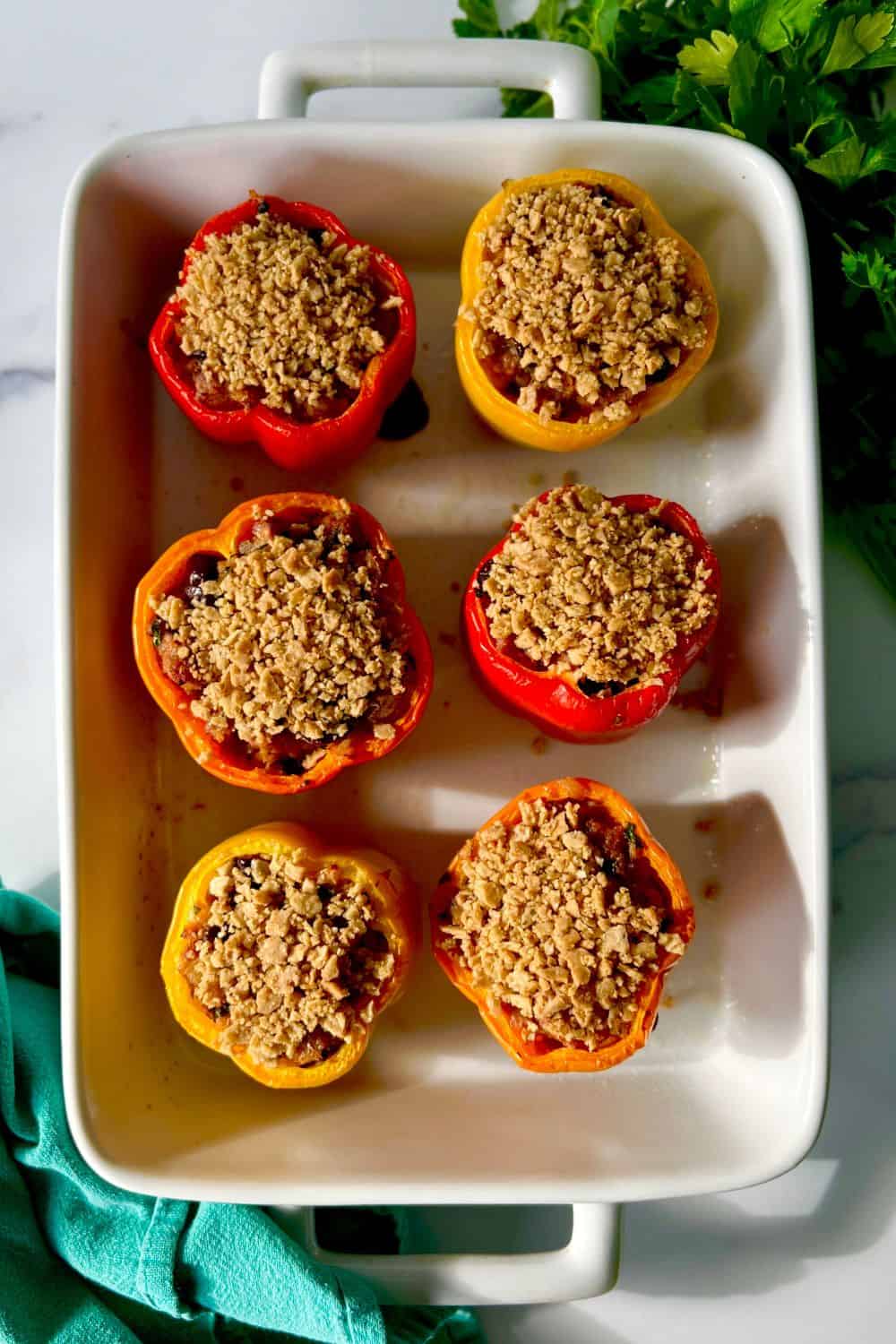 Paleo Stuffed Peppers in a white rectangular baking dish.