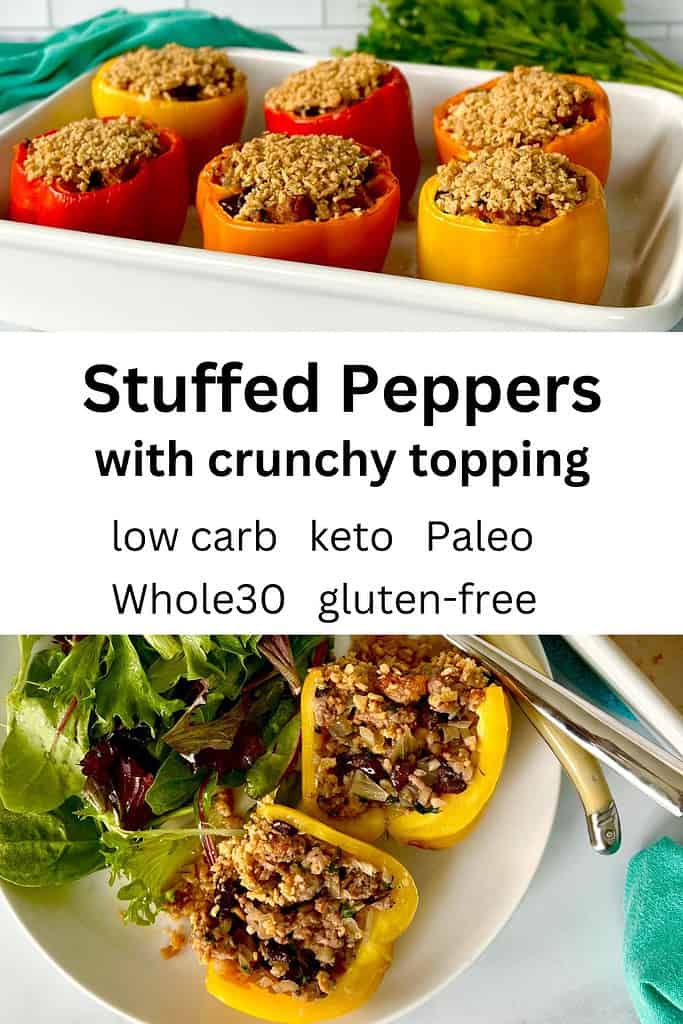 Gluten-Free Stuffed Peppers in a white baking dish and cut in half next to a salad on a white plate.