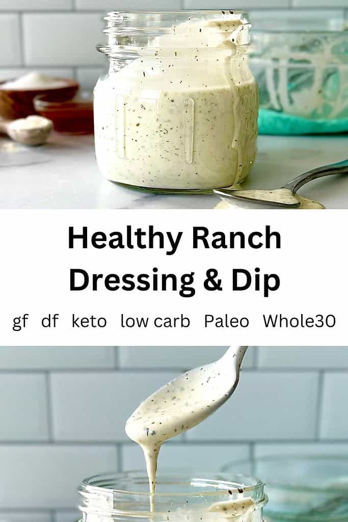Healthy Homemade Ranch Dressing in a mason jar and a spoon pouring more dressing into the jar.
