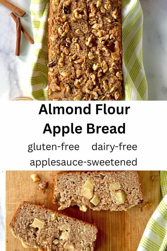 A loaf of Almond Flour Apple Bread on a towel and two slices on a cutting board.