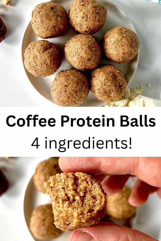 Coffee Protein Balls on a plate and a hand holding one up that has a bite taken out of it.